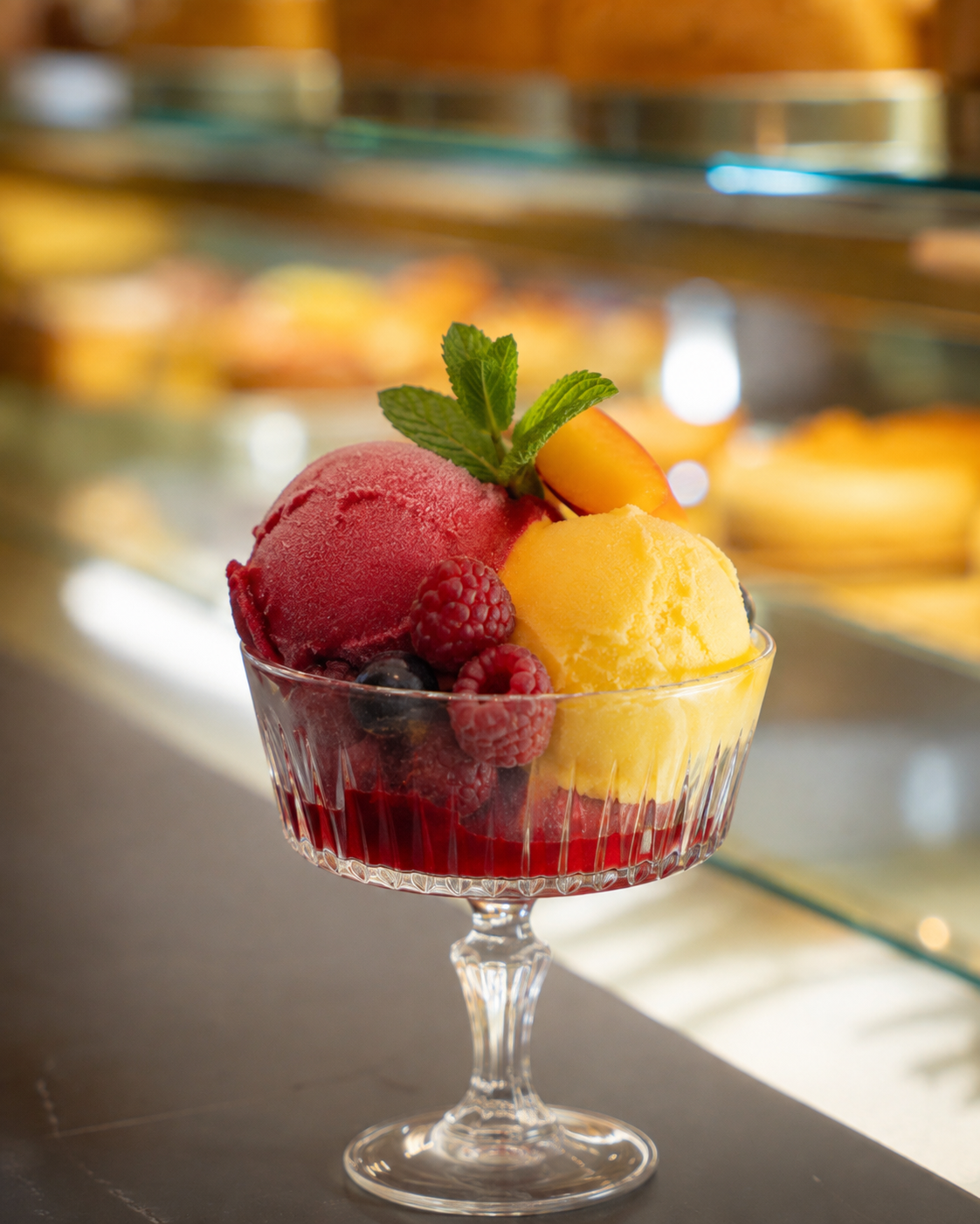 Fruchtsorbet vom Cafe Schweigert in einem Glas mit frischen Früchten.
